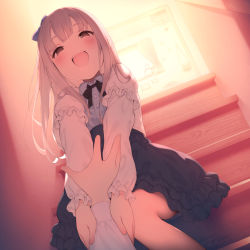 Rule 34 | 1girl, 1other, :d, blush, brown eyes, commentary request, frills, highres, holding another&#039;s arm, long hair, looking at viewer, open mouth, original, pokachu, pov, puffy sleeves, skirt, smile, stairs, teeth