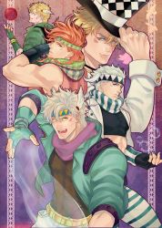 Rule 34 | 5boys, battle tendency, blonde hair, bubble, caesar anthonio zeppeli, checkered clothes, checkered headwear, facial mark, feather hair ornament, feathers, fingerless gloves, ganbaru (woainini), gloves, green eyes, hair ornament, hat, headband, hydrokinesis, jojo no kimyou na bouken, male focus, multiple boys, multiple persona, official alternate costume, platinum blonde hair, red hair, ribbon, scarf, striped clothes, striped scarf, top hat, triangle print, water, white hair, yellow eyes
