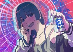 Rule 34 | 1girl, blunt bangs, blush, bocchi the rock!, braid, collarbone, cup, dress, green dress, hair over shoulder, hand on own face, hiroi kikuri, holding, holding cup, jacket, long hair, long sleeves, looking at viewer, lowlifescore, open clothes, open jacket, open mouth, purple eyes, purple hair, purple nails, ringed eyes, sharp teeth, single braid, smile, solo, spaghetti strap, strap slip, teeth, upper body
