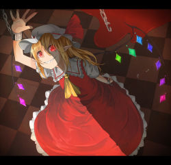 Rule 34 | 1girl, bad id, bad pixiv id, blonde hair, blood, chain, chained, chain, checkered floor, female focus, fingernails, flandre scarlet, floor, glowing, glowing eyes, grin, hat, highres, ibuki notsu, letterboxed, long hair, nail polish, pointy ears, red eyes, sharp teeth, side ponytail, smile, solo, teeth, touhou, vampire, wings