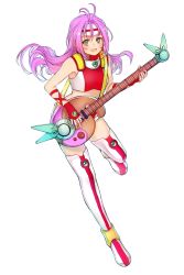 Rule 34 | 1girl, :d, antenna hair, boots, crop top, fingerless gloves, floating hair, full body, gloves, green eyes, hair between eyes, highres, holding, holding instrument, instrument, kimidori (kimidoriri), long hair, looking at viewer, macross, macross 7, mylene jenius, open mouth, pink hair, pointy ears, simple background, smile, solo, thigh boots, thighhighs, very long hair, white background, white footwear