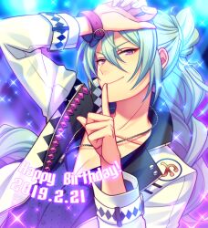 Rule 34 | 1boy, arm up, belt buckle, blue hair, buckle, buttons, chiyu (silverxxxx), closed mouth, commentary request, dated, ensemble stars!, fingernails, hair between eyes, hand up, happy birthday, hibiki wataru, jewelry, lapels, light blue hair, long hair, long sleeves, looking at viewer, male focus, necklace, notched lapels, purple eyes, solo, upper body