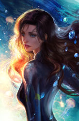 Rule 34 | 1girl, backlighting, bodysuit, brown hair, bubble, commentary, cover, cover page, eyebrows, eyeshadow, fan yang (jiuge), from behind, jellyfish, lips, lipstick, long hair, looking back, makeup, nose, original, solo, underwater, upper body