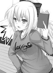 Rule 34 | 1girl, blush, book, bow, collarbone, frown, greyscale, hair bow, hand on own hip, highres, hinata sora, long hair, monochrome, open mouth, original, ponytail, solo