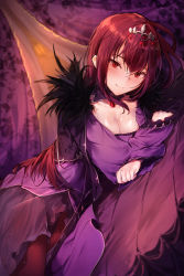 Rule 34 | 1girl, bad id, bad pixiv id, black pantyhose, blush, breasts, cleavage, commentary request, crossed arms, curtains, detached collar, dress, dutch angle, fate/grand order, fate (series), feather trim, highres, hplay, indoors, long hair, long sleeves, looking at viewer, lying, medium breasts, on bed, on stomach, pantyhose, purple dress, purple eyes, purple hair, scathach (fate), scathach skadi (fate), shiny skin, smile, solo, tiara, very long hair, wide sleeves