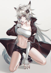 Rule 34 | 1girl, animal ears, antenna hair, arknights, bad id, bad pixiv id, bandeau, belt, black jacket, black legwear, black shorts, blood, boots, breasts, collarbone, commentary, elbow gloves, fingerless gloves, gloves, grey eyes, hair between eyes, hair ornament, hairclip, highres, jacket, kernel killer, kneeling, lappland (arknights), licking, licking finger, long hair, looking at viewer, medium breasts, navel, revision, scar, scar across eye, scar on face, short shorts, short sleeves, shorts, silver hair, simple background, solo, stomach, strapless, tongue, tongue out, torn clothes, tube top, white background, white gloves, wolf ears