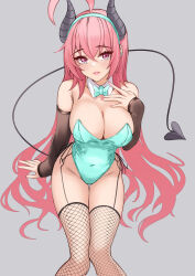 Rule 34 | 1girl, absurdres, ahoge, aqua leotard, bare shoulders, breasts, cleavage, covered navel, demon tail, detached sleeves, fishnet thighhighs, fishnets, garter straps, grey background, hairband, highres, horns, invisible chair, large breasts, leotard, long hair, looking at viewer, mole, mole under eye, original, parfait desu, parfy (parfait ehmy), parted lips, pink eyes, pink hair, playboy bunny, simple background, sitting, solo, strapless, strapless leotard, tail, thigh gap, thighhighs, very long hair