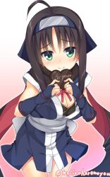 Rule 34 | 1girl, ahoge, aria (koiiroharemoyou), black hair, black scarf, blue gloves, blue kimono, blush, breasts, candy, chocolate, chocolate heart, cleavage, commentary, cowboy shot, eyes visible through hair, fingerless gloves, food, forehead protector, furrowed brow, gift, gloves, green eyes, hair ornament, heart, highres, hitachi mako, holding, holding chocolate, holding food, holding gift, japanese clothes, kimono, large breasts, long hair, looking at viewer, medium breasts, ninja, official style, parted bangs, scarf, senren banka, short kimono, smile, solo, standing, straight-on, twitter username, valentine