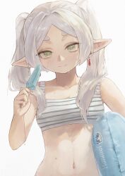 Rule 34 | 1girl, alternate costume, aonh 412, bare arms, bare shoulders, blush, breasts, collarbone, frieren, green eyes, grey hair, highres, himmel (sousou no frieren), holding, holding ice, holding swim ring, innertube, medium breasts, navel, parted bangs, pointy ears, smile, solo, sousou no frieren, swim ring, twintails, upper body