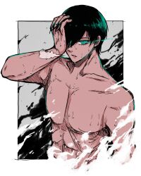 Rule 34 | 1boy, abs, absurdres, b lock hinomoto, blue lock, collarbone, commentary, english commentary, fingernails, green eyes, green hair, hand in own hair, highres, itoshi rin, looking at viewer, male focus, parted lips, short hair, solo, topless male, upper body