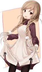 Rule 34 | 1girl, alternate costume, apron, apron hold, black legwear, blush, braid, cloud hair ornament, cloud print, hair ornament, highres, holding, kantai collection, light brown hair, long hair, looking at viewer, minegumo (kancolle), multicolored hair, open mouth, red eyes, red sweater, solo, sweater, twin braids, white background, yuki (yukin0128)