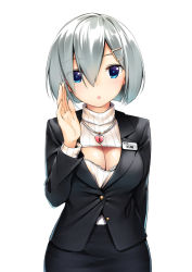 Rule 34 | 10s, 1girl, alternate costume, blue eyes, blush, breasts, cleavage, cleavage cutout, clothing cutout, formal, hair ornament, hair over one eye, hairclip, hamakaze (kancolle), heart, heart-shaped lock, heart necklace, jacket, jewelry, kantai collection, large breasts, looking at viewer, meme attire, name tag, necklace, neo-masterpeacer, office lady, official art, open-chest sweater, pencil skirt, ribbed sweater, short hair, silver hair, skirt, skirt suit, solo, suit, suit jacket, sweater, turtleneck, white background