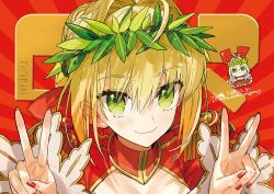 Rule 34 | 1girl, ahoge, armor, bow, braid, chibi, chibi inset, commentary request, dated, double v, dress, epaulettes, fate/extra, fate (series), fingernails, french braid, green eyes, hair between eyes, hair bow, hair bun, hair intakes, hair ornament, leaf, leaf hair ornament, nail polish, nero claudius (fate), nero claudius (fate) (all), nero claudius (fate/extra), red background, red bow, red dress, red nails, signature, single hair bun, smile, smug, solo, v, wada arco