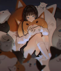 Rule 34 | 1girl, black hair, black skirt, blue eyes, blunt bangs, blurry, cat-shaped pillow, chromatic aberration, closed mouth, commentary, depth of field, expressionless, kneehighs, knees up, looking at viewer, hugging object, original, oto1 030, pillow, pillow hug, pleated skirt, skirt, socks, solo, sweater, symbol-only commentary, white socks, white sweater