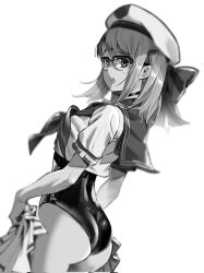 Rule 34 | beret, breasts, butt crack, glasses, goddess of victory: nikke, hat, highres, looking at viewer, looking back, neon (nikke), open mouth, rodrigo yoshimiya, short hair, swimsuit