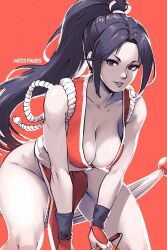 Rule 34 | 1girl, artist name, bare shoulders, breasts, cleavage, collarbone, cowboy shot, curvy, fatal fury, folded fan, folding fan, forehead, hand fan, high ponytail, holding, holding fan, japanese clothes, kunoichi, leaning forward, lips, looking at viewer, miss faves, parted lips, red background, red theme, revealing clothes, shiny skin, shiranui mai, smile, solo, the king of fighters, thighs, wide hips