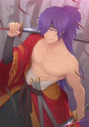 Rule 34 | 1boy, abs, absurdres, bandages, bound, fate/grand order, fate (series), headband, highres, hunterkay, large pectorals, male focus, muscular, okada izou (fate), okada izou (third ascension) (fate), over shoulder, pectorals, ponytail, purple hair, solo, sword, sword over shoulder, tied up, topless male, weapon, weapon over shoulder, yellow eyes