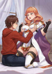 Rule 34 | 1boy, 1girl, armor, bed, bedroom, black shorts, black thighhighs, blunt bangs, blush, boobplate, breastplate, breasts, cape, celica (fire emblem), commission, dress, earrings, fingerless gloves, fire emblem, flustered, gloves, grabbing, grabbing another&#039;s breast, groping, groping breast, highres, jewelry, kneeling, large breasts, nintendo, open mouth, orange eyes, orange hair, red hair, short shorts, shorts, shorts under dress, thighhighs, tiara, white dress, zero a