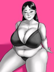 Rule 34 | 1girl, bad id, bad twitter id, belly, between breasts, blush, bra, breasts, cleavage, highres, huge breasts, long hair, looking at viewer, original, panties, parted lips, plump, sitting, smile, solo, thick thighs, thighs, toroboro, underwear, wide hips