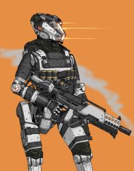 Rule 34 | absurdres, commentary, explosive, glowing, gun, highres, holding, holding gun, holding weapon, humanoid robot, looking ahead, mymyc, orange background, pilot (titanfall 2), robot, simulacrum (titanfall), smoke, smoking barrel, stim pilot (titanfall 2), symbol-only commentary, titanfall (series), titanfall 2, trigger discipline, weapon
