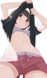 Rule 34 | 1girl, black hair, black shirt, blush, bob cut, bra, breasts, brown eyes, closed mouth, clothes lift, dolphin shorts, from below, groin, hands up, highres, hiroki (yyqw7151), lifted by self, looking down, navel, noise, original, red shorts, ribbon, shirt, shirt lift, short hair, short sleeves, shorts, small breasts, solo, stomach, t-shirt, thighs, underwear, white background, white bra