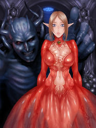 Rule 34 | 1girl, biosuit, blue eyes, breasts, brown hair, cleavage, cleavage cutout, clenched teeth, clothing cutout, detached collar, dress, elf, female focus, gradient background, highres, imminent rape, large breasts, legs, living clothes, long hair, long sleeves, looking at viewer, monster, navel, pointy ears, ponytail, red dress, red eyes, see-through, shibata kozue, skull, smile, solo, standing, surprised, teeth, thighs