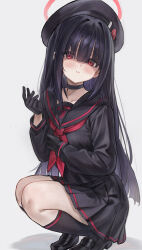 Rule 34 | 1girl, beret, black choker, black footwear, black gloves, black hair, black hat, black serafuku, blue archive, blush, choker, collarbone, duplicate, gloves, halo, hat, highres, justice task force member (blue archive), kneehighs, loafers, long hair, long sleeves, looking at viewer, neckerchief, origonz, pleated skirt, red eyes, red halo, red neckerchief, school uniform, serafuku, shoes, sidelocks, simple background, skirt, socks, solo, squatting, straight hair, very long hair, white background