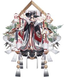 Rule 34 | 1girl, azur lane, bare shoulders, black hair, branch, breasts, cleavage, closed mouth, collarbone, cross, detached sleeves, flower, folded fan, folding fan, full body, fur trim, gujianshaonu, hand fan, hat, highres, iron cross, japanese clothes, kimono, large breasts, lips, long hair, looking at viewer, looking away, obi, official alternate costume, official art, peter strasser (azur lane), peter strasser (chronos&#039;s kalendae) (azur lane), purple eyes, sandals, sash, smile, solo, tabi, transparent background, very long hair, white legwear, wide sleeves