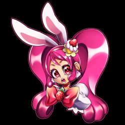 Rule 34 | 10s, 1girl, :o, animal ears, black background, bow, rabbit ears, cake hair ornament, choker, close-up, cure whip, earrings, extra ears, food, food-themed hair ornament, food-themed ornament, fruit, hair ornament, hairband, kirakira precure a la mode, long hair, looking at viewer, magical girl, open mouth, pink bow, pink hair, pom pom (clothes), pom pom earrings, precure, puffy sleeves, red eyes, senmu (0107), solo, strawberry, twintails, usami ichika