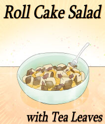 Rule 34 | blue archive, bowl, c/h, cake, commentary, english commentary, english text, food, fork, highres, no humans, simple background, sparkle, swiss roll, tea leaves, yellow background