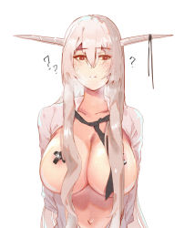 Rule 34 | 1girl, ?, areola slip, arknights, blush, breasts, brown eyes, cleavage, elsi, hair between eyes, horns, long hair, navel, necktie, open clothes, parted lips, pasties, shining (arknights), solo, sweatdrop, white hair