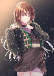 Rule 34 | 1girl, absurdres, aketa mikoto, black background, blonde hair, breasts, brown eyes, brown hair, brown jacket, cowboy shot, dress, earrings, finger to mouth, fur-trimmed sleeves, fur trim, gradient hair, hands up, highres, idolmaster, idolmaster shiny colors, index finger raised, jacket, jewelry, large breasts, lens flare, long sleeves, looking at viewer, multicolored hair, necklace, parted lips, purple dress, shiohari kanna, signature, simple background, solo, sparkle
