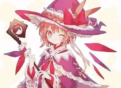 Rule 34 | 1girl, ;), blush, bow, brown eyes, brown hair, capelet, closed mouth, hat, hat bow, hibi89, holding, holding staff, long sleeves, looking at viewer, merc storia, one eye closed, red bow, red capelet, red hat, red ribbon, ribbon, short hair, smile, soiree (merc storia), solo, staff, upper body, witch hat
