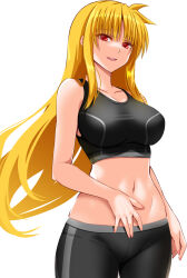 Rule 34 | 1girl, black pants, black sports bra, blonde hair, breasts, commentary request, cowboy shot, engo (aquawatery), fate testarossa, highres, large breasts, long hair, lyrical nanoha, mahou shoujo lyrical nanoha strikers, midriff, navel, open mouth, pants, red eyes, simple background, smile, solo, sports bra, white background, yoga pants