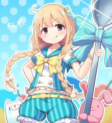 Rule 34 | 1girl, belt, blonde hair, blush, bow, bracelet, braid, character name, closed mouth, collarbone, futaba anzu, idolmaster, idolmaster cinderella girls, jewelry, looking at viewer, navel, qixi cui xing, short sleeves, smile, solo, tongue, tongue out, twin braids, yellow bow