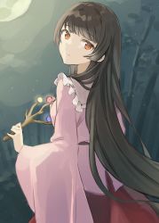 Rule 34 | 1girl, bamboo, bamboo forest, belt, blouse, branch, closed mouth, collared shirt, commentary request, forest, frills, from behind, grey belt, grey hair, hand up, highres, houraisan kaguya, jeweled branch of hourai, leaf, long hair, long sleeves, looking back, looking to the side, moon, moonlight, nature, night, night sky, one-hour drawing challenge, orange eyes, pink shirt, red skirt, rin (yukameiko), shirt, skirt, sky, smile, solo, standing, star (sky), starry sky, touhou, wide sleeves