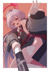 Rule 34 | 1girl, bandaged arm, bandaged foot, bandaged hand, bandaged leg, bandages, bell, black nails, blue archive, blush, flat chest, gauze, gauze on cheek, gauze on face, grey hair, grey sleeves, halo, highres, japanese clothes, jingle bell, long hair, looking at viewer, mintpizzaman, obi, open mouth, red eyes, red halo, sash, shuro (blue archive), sideless dress, sideless kimono, simple background, smile, solo, white background