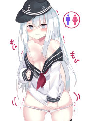 Rule 34 | 1girl, absurdres, anchor symbol, black hat, black thighhighs, blush, bow, bow panties, breasts, collarbone, convenient censoring, cowboy shot, embarrassed, female focus, flat cap, gluteal fold, grey eyes, groin, hair censor, hand up, hat, have to pee, heart, heart-shaped pupils, hibiki (kancolle), highres, japanese text, kantai collection, long hair, long sleeves, motion lines, neckerchief, no bra, off shoulder, panties, red neckerchief, shiny skin, shirt, simple background, skindentation, sleeves past wrists, small breasts, solo, speech bubble, standing, symbol-shaped pupils, te toga, tears, thighhighs, translation request, trembling, underwear, wavy mouth, white background, white hair, white panties, white shirt