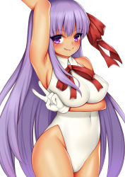 Rule 34 | 1girl, :q, arm up, armpits, bb (fate), bb (fate) (all), bb (swimsuit mooncancer) (fate), bb (swimsuit mooncancer) (third ascension) (fate), breasts, covered navel, fate/grand order, fate (series), gloves, hair ribbon, highleg, highleg leotard, large breasts, leotard, long hair, looking at viewer, purple eyes, purple hair, red ribbon, ribbon, simple background, sleeveless, solo, tan, tongue, tongue out, toshishikisai, v, very long hair, white background, white gloves, white leotard