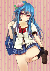 Rule 34 | 1girl, adapted costume, bag, blue hair, blue skirt, bread, comord, female focus, food, fruit, hands on feet, hinanawi tenshi, loafers, miniskirt, mouth hold, navel, peach, putting on shoes, red eyes, school uniform, shirt, shoe dangle, shoes, skirt, solo, thighs, touhou