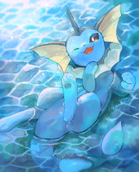 Rule 34 | brown eyes, commentary request, creatures (company), fang, game freak, gen 1 pokemon, highres, kikuyoshi (tracco), lying, nintendo, no humans, on back, one eye closed, open mouth, pokemon, pokemon (creature), signature, smile, solo, toes, tongue, vaporeon, water, water surface, wet