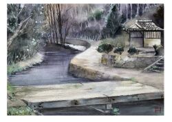 Rule 34 | absurdres, bare tree, bridge, building, bush, canal, cobblestone, forest, grass, highres, landscape, nature, no humans, original, painting (medium), path, road, sazanka 352, shed, traditional media, tree, water, watercolor (medium)