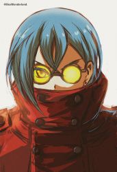 Rule 34 | 1girl, absurdres, angry, blue hair, box wonderland, coat, cosplay, covered mouth, earrings, glasses, highres, jewelry, long bangs, looking at viewer, love live!, love live! superstar!!, portrait, red coat, short hair, solo, trigun, twitter username, vash the stampede, wakana shiki, white background, yellow-framed eyewear