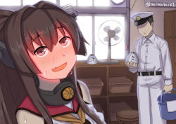 Rule 34 | 1boy, 1girl, admiral (kancolle), belt, black hair, blush, brown hair, bucket, commentary, faceless, faceless male, full-face blush, hat, kantai collection, misumi (niku-kyu), open mouth, peaked cap, red eyes, sweat, nervous sweating, twitter username, type 91 armor-piercing shell, wavy mouth, yamato (kancolle)