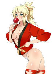 Rule 34 | 1girl, :p, aqua eyes, ass, blonde hair, blush, breasts, candy apple, cleavage, fate/apocrypha, fate (series), food, fundoshi, highres, japanese clothes, kagemusha, looking at viewer, mordred (fate), mordred (fate/apocrypha), ponytail, simple background, smile, solo, thighhighs, tongue, tongue out, white background