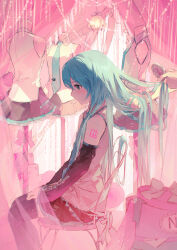 Rule 34 | 1girl, alternate hairstyle, aqua eyes, aqua necktie, balabling, black skirt, black sleeves, black thighhighs, blush, box, brushing another&#039;s hair, brushing hair, commentary request, cowboy shot, curtains, detached sleeves, from side, hair brush, hair down, hatsune miku, highres, indoors, long hair, looking down, mannequin, necktie, number tattoo, pink ribbon, pink theme, pleated skirt, ribbon, shirt, shoulder tattoo, sitting, skirt, sleeveless, sleeveless shirt, solo focus, tattoo, thighhighs, vocaloid, white ribbon, white shirt