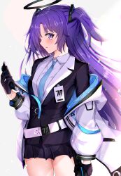 Rule 34 | 1girl, absurdres, belt, belt pouch, black gloves, black skirt, blue archive, blue necktie, blush, breasts, cellphone, collared shirt, commentary request, cowboy shot, formal, gloves, gradient background, gun, hair ornament, halo, highres, holding, holding gun, holding weapon, id card, jacket, long hair, long sleeves, looking at viewer, looking to the side, mechanical halo, medium breasts, miniskirt, necktie, off shoulder, open clothes, open jacket, parted bangs, phone, pleated skirt, pouch, purple eyes, purple hair, school uniform, shirt, sidelocks, sig sauer, sig mpx, skirt, smartphone, solo, submachine gun, suit, ta bi3, twintails, two-sided fabric, two-sided jacket, two side up, weapon, white belt, white shirt, yuuka (blue archive)