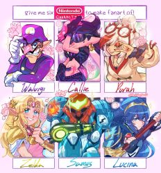 Rule 34 | 1boy, 5girls, \m/, arm cannon, big nose, black gloves, blonde hair, blue hair, bracer, breasts, brown hair, callie (splatoon), character name, cleavage, company connection, crop top, eyewear on head, facial hair, falchion (fire emblem), fingerless gloves, fire emblem, fire emblem awakening, flower, glasses, gloves, hat, helmet, highres, hyrule warriors: age of calamity, index finger raised, inkling, looking at viewer, lucina (fire emblem), mario (series), metroid, metroid dread, mole, mole under eye, multicolored hair, multiple drawing challenge, multiple girls, mustache, nintendo, outside border, overalls, pink flower, pink rose, pointy ears, power suit, power suit (metroid), princess zelda, purah, purple hair, purple headwear, rose, samus aran, serious, setispaghetti, six fanarts challenge, smile, splatoon (series), splatoon 2, stomach tattoo, streaked hair, sunglasses, sword, tattoo, tentacle hair, the legend of zelda, the legend of zelda: a link to the past, the legend of zelda: breath of the wild, tiara, tongue, tongue out, two-tone hair, waluigi, weapon, white gloves, white hair