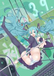 Rule 34 | 1girl, 39, :d, armpits, ass, bare shoulders, black thighhighs, boots, breasts, cable, character name, dated, detached sleeves, dutch angle, from below, ginko (nico), green theme, hatsune miku, headphones, jumping, kanji, keyboard (computer), legs up, long hair, looking at viewer, microphone, microphone stand, miniskirt, music, necktie, open mouth, outstretched hand, panties, pantyshot, pleated skirt, scrunchie, shiny skin, sideboob, skirt, small breasts, smile, solo, speaker, striped clothes, striped panties, thick thighs, thigh boots, thigh gap, thighhighs, thighs, trefoil, twintails, underwear, upskirt, very long hair, vocaloid, wide sleeves