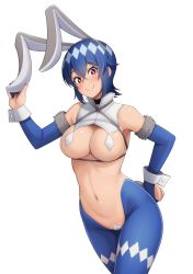 Rule 34 | 1girl, alfort (may0508), animal ears, areola slip, black choker, blue hair, breasts, choker, closed mouth, elbow gloves, fake animal ears, fur trim, gloves, highres, kinou shia, large breasts, leotard, maebari, meikyuu black company, meme attire, navel, playboy bunny, red eyes, reverse bunnysuit, reverse outfit, short hair, simple background, smile, solo, symbol-shaped pupils, thighhighs, white background